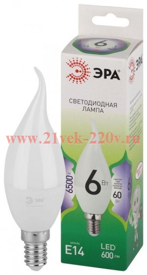 Лампа светодиодная GREEN LINE BXS-6W-865-E14 GL 6Вт свеча на ветру 6500К свет холод. E14 Эра Б006711