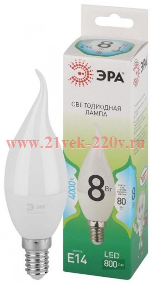 Лампа светодиодная GREEN LINE BXS-8W-840-E14 GL 8Вт свеча на ветру 4000К яркий свет бел. E14 Эра Б00