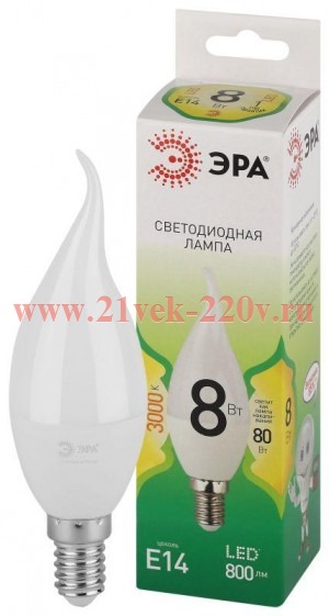 Лампа светодиодная GREEN LINE BXS-8W-830-E14 GL 8Вт свеча на ветру 3000К свет тепл. E14 Эра Б0067103