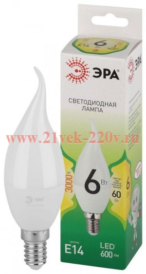 Лампа светодиодная GREEN LINE BXS-6W-830-E14 GL 6Вт свеча на ветру 3000К свет тепл. E14 Эра Б0067119