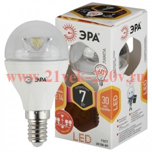Лампа светодиодная ЭРА LED P45-7W-827-E14-Clear 7Вт шар теплый белый свет Е14