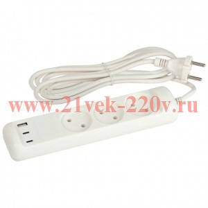 Удлинитель электрический ЭРА U-3-3m-USB-W 3 розетки + 3xUSB A+C 3м 10А белый