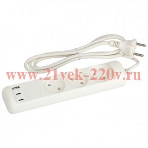 Удлинитель электрический ЭРА U-3-1,5m-USB-W 3 розетки + 3xUSB A+C 1,5м 10А белый