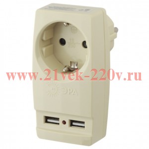 Разветвитель электрический 1-м 16А SP-1e-USB-I 2USB с заземл. сл. кость Эра Б0027836
