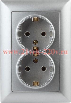 Розетка Intro Solo 4-205-03 с заземлением двойная 2X2P+E Schuko, 16А-250В, IP20, СУ, алюминий