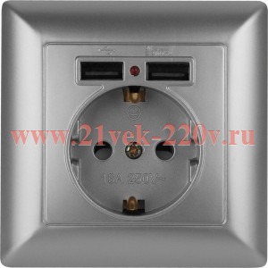 Розетка Intro Solo 4-410-03 с заземлением P+E Schuko со шторками, 16А-250В + 2хUSB, IP20, СУ, алюмин
