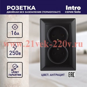 Розетка Intro Solo 4-204-05 без заземления двойная 16А-250В, IP20, СУ, антрацит