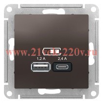 Зарядное устройство USB SE AtlasDesign тип A+С 5В/2,4 А 2х5В/1,2 А,, мокко ATN000639