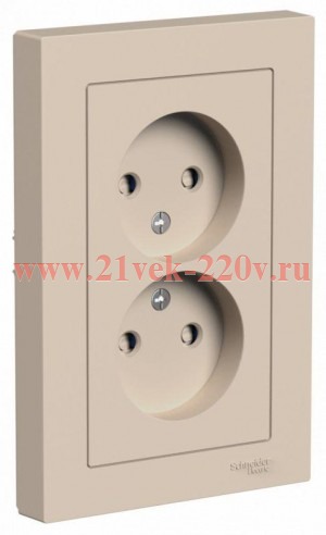 Розетка двойная без заземления со шторками SE AtlasDesign 16А в сборе, песочный ATN001222