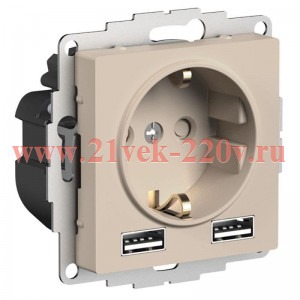 Зарядка розетка SE AtlasDesign с/з 16А + USB A+A 5В/2,4А, 2х5В/1,2А, песочный ATN001230