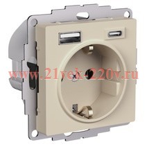 Зарядка розетка SE AtlasDesign с/з 16А + USB A+С 5В/2,4А/3,0А, 2х5В/1,5А, песочный ATN001232