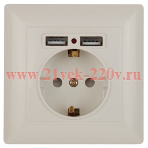 Розетка Intro Solo 4-410-02 с заземлением P+E Schuko со шторками, 16А-250В + 2хUSB, IP20, СУ, слонов