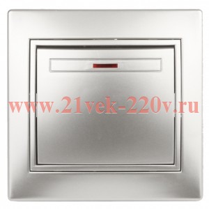 Выключатель Intro Plano 1-102-03 одноклавишный с подсветкой, 10А-250В, IP20, СУ, алюминий