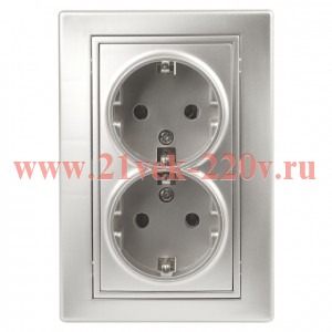 Розетка Intro Plano 1-205-03 с заземлением двойная 2X2P+E Schuko, 16А-250В, IP20, СУ, алюминий