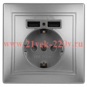 Розетка Intro Plano 1-410-03 с заземлением 2P+E Schuko со шторками, 16А-250В + 2хUSB 5В-2,1А, IP20,