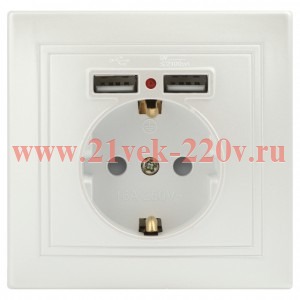 Розетка Intro Plano 1-410-06 с заземлением 2P+E Schuko со шторками, 16А-250В + 2хUSB 5В-2,1А, IP20,