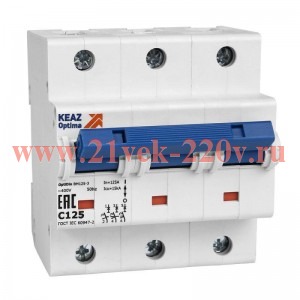 Выключатель автоматический модульный 3п D 80А 20кА OptiDin BM125-3D80-14ln-УХЛ3 КЭАЗ 138602