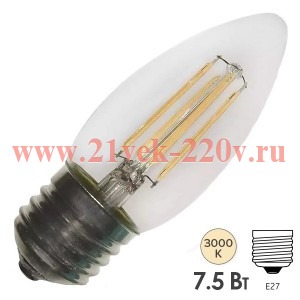 Лампа филаментная светодиодная свеча FL-LED Filament C35 7.5W 3000К 220V E27 750Lm теплый свет
