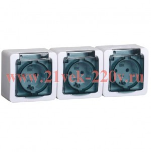 Розетка тройная ИЭК Гермес Plus 3х2П+3 с дымчатой крышкой РСб23-3-ГПБд IP54 белый ERMP32-K03-16-54-EC