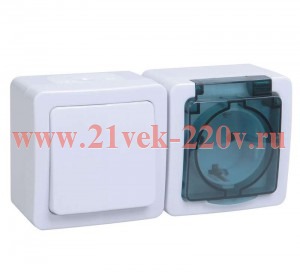 Выключатель 1-клавишный+розетка 2П+3 ИЭК Гермес Plus БГб-22-31-ГПБд IP54 белый EBGMP20-K03-31-54-EC