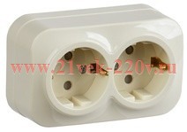 Розетка 2-ая с заземлением и шторками открытой установки 16А РСш22-3-ХК GLORY IEK кремовый ERH24-K33-16