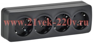 Розетка 4-ая ИЭК GLORY с заземлением без шторок открытой установки 16А РС24-3-ХЧм черный матовый ERH41-K02M-16