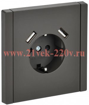 Розетка с зарядкой ИЭК FORTE&PIANO FP345 2Р+Е 16А шторки USB A+A 3,1А серый FP-R14-16-U21-D31-K03