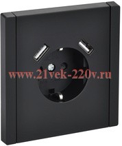 Розетка с зарядкой ИЭК FORTE&PIANO FP145 2Р+Е 16А шторки USB A+A 3,1А черный FP-R14-16-U21-D31-K02