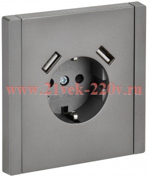 Розетка с зарядкой ИЭК FORTE&PIANO FP545 2Р+Е 16А шторки USB A+A 3,1А сталь FP-R14-16-U21-D31-K46