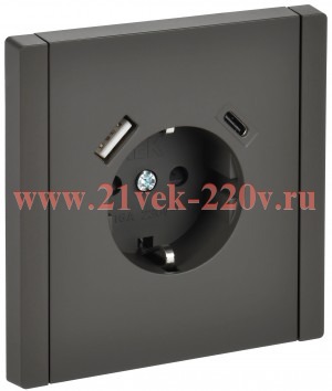 Розетка с зарядкой ИЭК FORTE&PIANO FP347 2Р+Е 16А шторки USB A+C 18Вт серый FP-R14-16-U22-018-K03