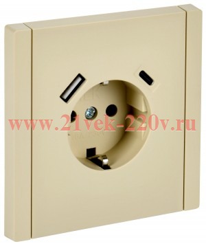Розетка с зарядкой ИЭК FORTE&PIANO FP447 2Р+Е 16А шторки USB A+C 18Вт ваниль FP-R14-16-U22-018-K10