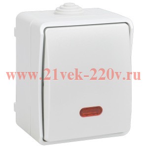 Переключатель одноклавишный с индикацией для открытой установки ИЭК ФОРС ВС20-1-1-ФБ IP54 белый EVS11-K01-10-54-DC