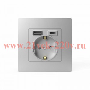 Розетка 1-м СП Pixel с заземл. с 2-мя заряд. устр. USB тип A+C IP20 механизм алюм. TOKOV ELECTRIC TK