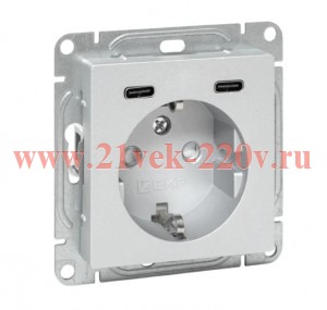 Розетка СП Эпика 16А с 2 USB-C с заземл. защ. шторки механизм алюм. EKF UP1-SOA-111-2USBC