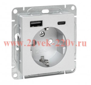 Розетка СП Эпика 16А с 2 USB-A+С с заземл. защ. шторки механизм алюм. EKF UP1-SOA-111-USBA+USBC