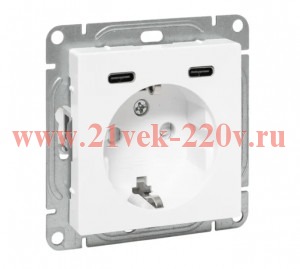 Розетка СП Эпика 16А с 2 USB-C с заземл. защ. шторки механизм бел. EKF UP1-SOW-111-2USBC