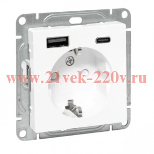 Розетка СП Эпика 16А с 2 USB-A+С с заземл. защ. шторки механизм бел. EKF UP1-SOW-111-USBA+USBC