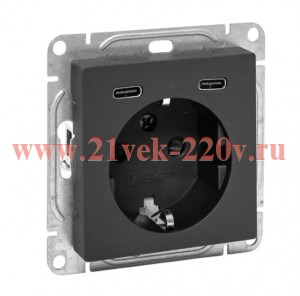 Розетка СП Эпика 16А с 2 USB-C с заземл. защ. шторки механизм черн. EKF UP1-SOB-111-2USBC