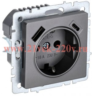 Розетка BRITE РЮш11-1-БрС 16А с USB A+C 18Вт с заземл. защ. шторки сталь IEK BR-R14-16-U22-018-K46