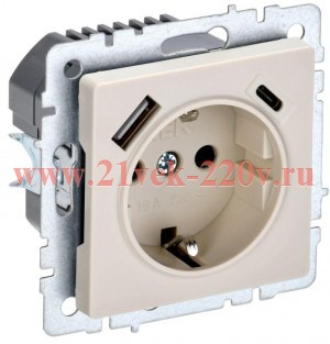 Зарядка ИЭК BRITE розетка 2Р+Е со шторками 16А с USB A+С 3,1А бежевый (РЮш11-1-БрКр) BR-R14-16-U22-018-K10