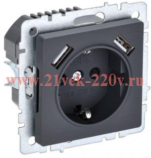 Зарядка ИЭК BRITE розетка 2Р+Е со шторками 16А с USB A+A 2,1А графит (РЮш10-1-БрГ) BR-R14-16-U21-D21-K53