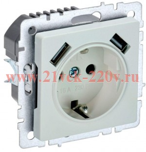 Зарядка ИЭК BRITE розетка 2Р+Е со шторками 16А с USB A+A 2,1А жемчуг (РЮш10-1-БрЖ) BR-R14-16-U21-D21-K36