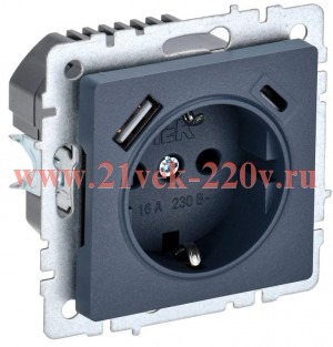 Зарядка ИЭК BRITE розетка 2Р+Е со шторками 16А с USB A+С 3,1А маренго ( РЮш11-1-БрМ) BR-R14-16-U22-018-K35