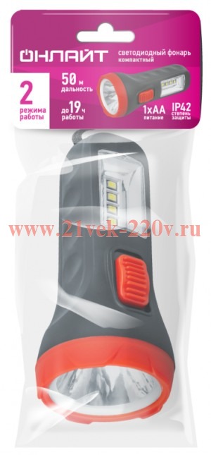 Фонарь светодиодный ручной 90 854 OPT-CP04-1AA полипроп. 1LEDх0.5Вт 4LEDх1Вт 2реж 20лм ОНЛАЙТ 90854