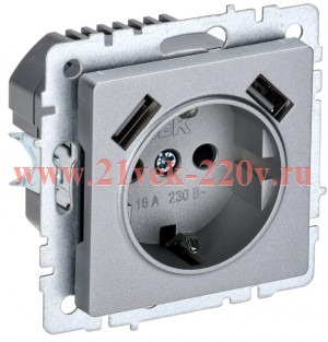 Зарядка ИЭК BRITE розетка 2Р+Е со шторками 16А с USB A+A 2,1А алюминий (РЮш10-1-БрА) BR-R14-16-U21-D21-K47