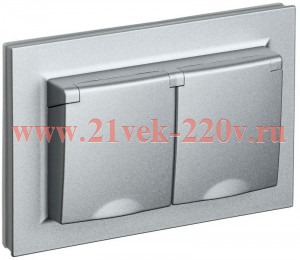 Розетка ИЭК BRITE 2х2P+E Schuko шторки с крышкой 2-я16А IP44 алюминий в сборе (РСбш12-3-44-БрА) BR-R26-16-44-K47-F