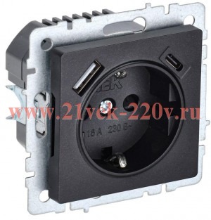 Зарядка ИЭК BRITE розетка 2Р+Е со шторками 16А с USB A+С 3,1А черный (РЮш11-1-БрЧ) BR-R14-16-U22-018-K02