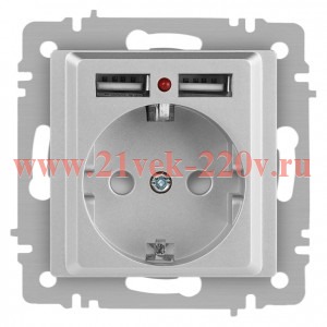Розетка Intro Accent 6-410-03 , P+E Schuko со шторками, 16А-250В + 2хUSB, IP20, СУ, алюминий