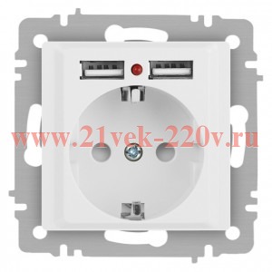 Розетка Intro Accent 6-410-01М , P+E Schuko со шторками, 16А-250В + 2хUSB, IP20, СУ, белый матовый