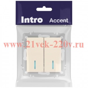 Выключатель Intro Accent 6-105-02 двойной с подсветкой, 10А-250В, IP20, СУ, AL/CU, слоновая кость